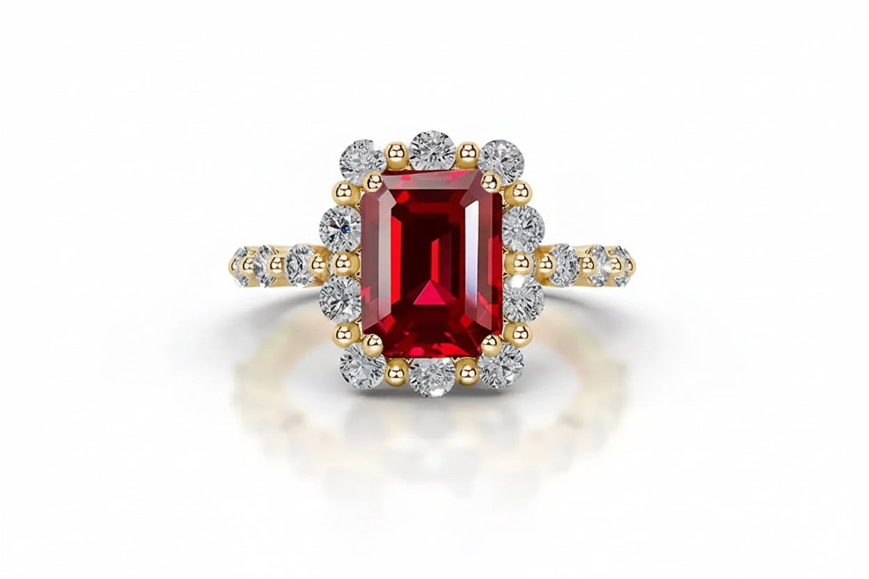 Queen Erra Ruby Emerald Moissanite Rings