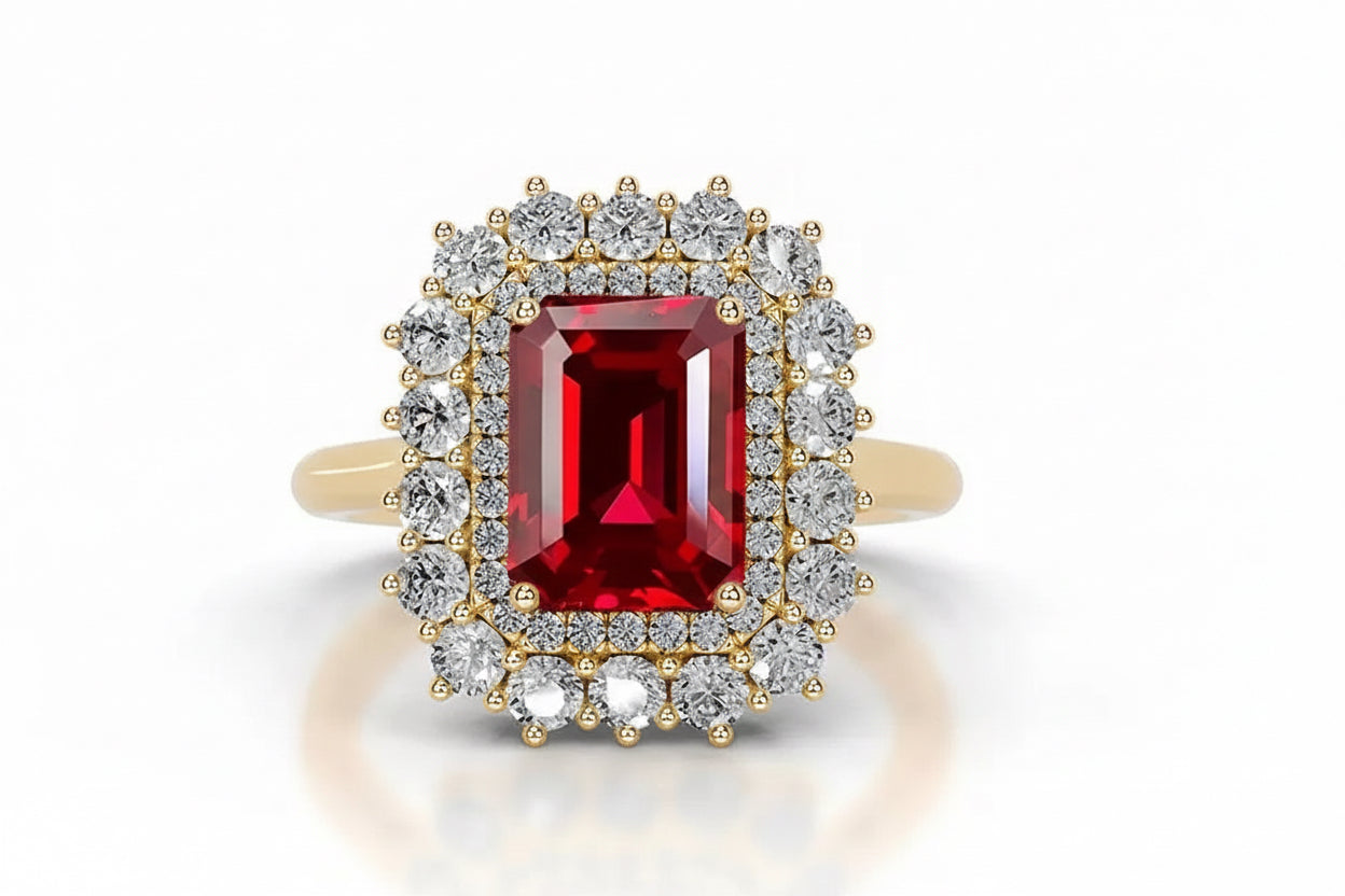 Queen Abadi Ruby Emerald Moissanite Rings